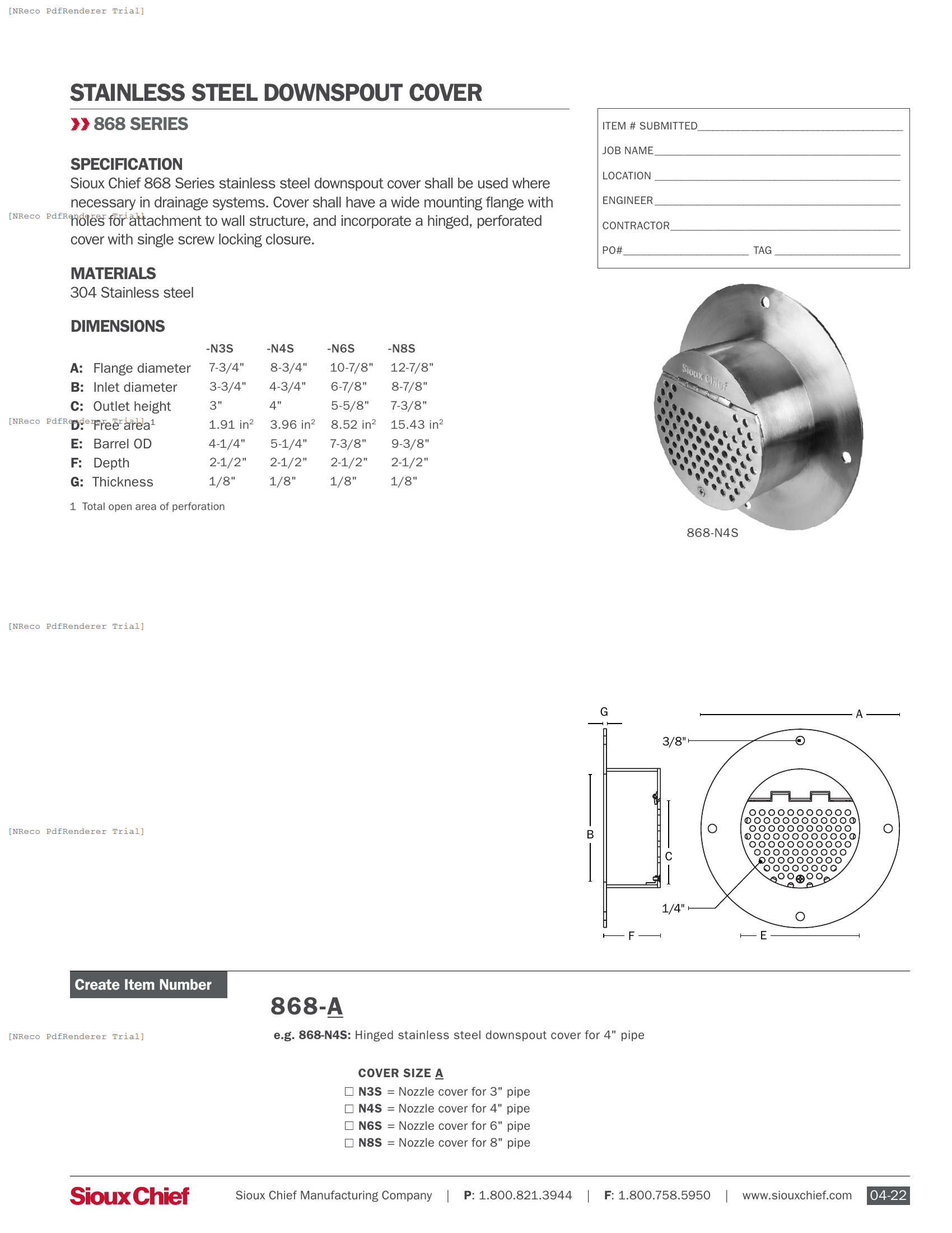 868 SERIES - SS DOWNSPOUT COVER - SPEC SHEET.PDF Specification Document